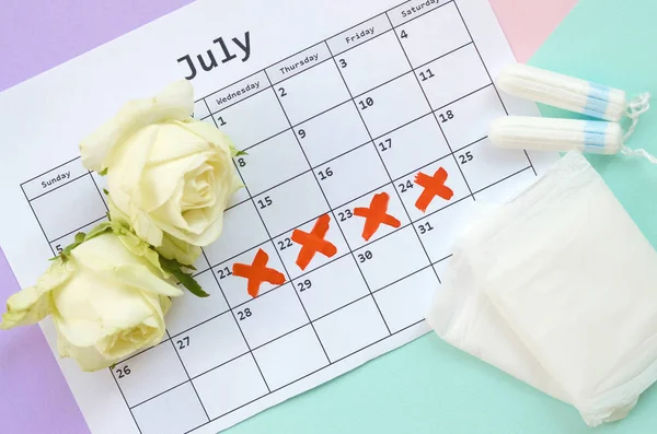 Composizione flat lay con rose bianche e tamponi mestruali e pad pack sul calendario del periodo mestruale e sfondo blu rosa e lilla pastello — Foto Stock