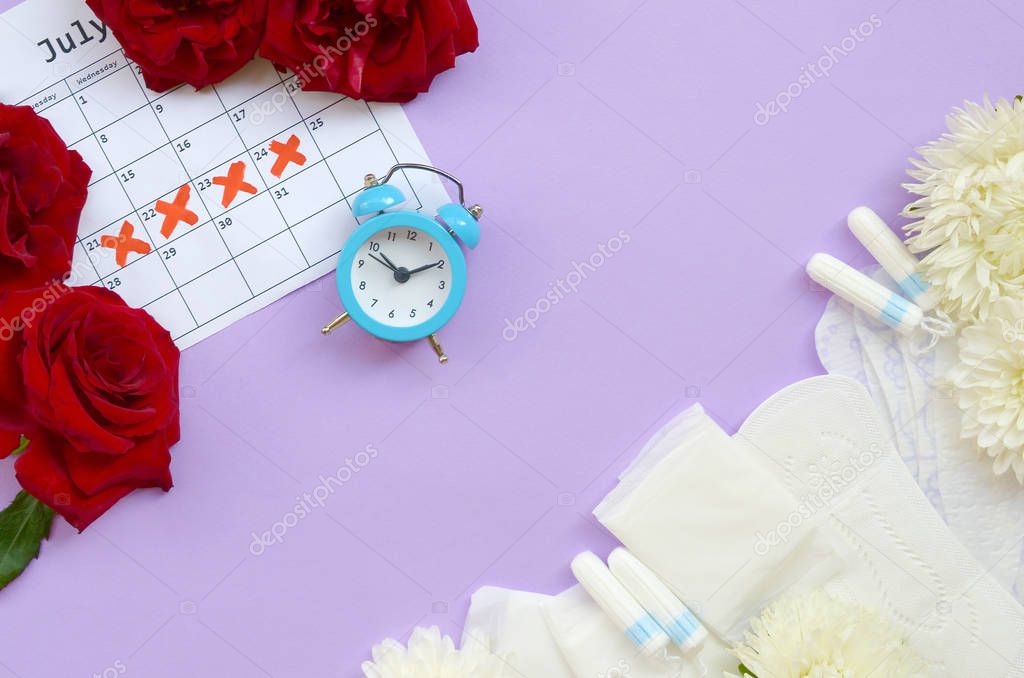 Menstrual pads and tampons on menstruation period calendar with blue alarm clock and red rose flowers