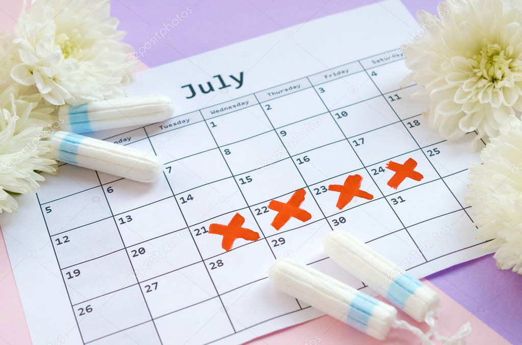 Menstrual tampons on menstruation period calendar with white flowers on lilac and pink background