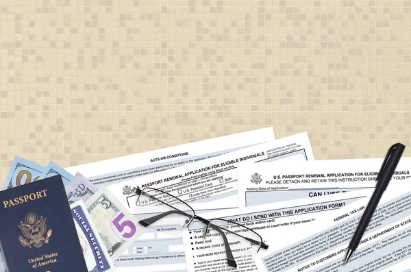 Department of State form DS82 U.S. Passport renewal application for eligible individuals lies on table and ready to fill. Paperwork during operations with US Passport concept. Flat lay top view