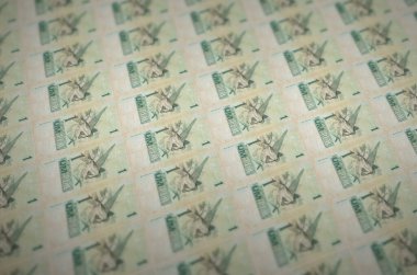 Yasadışı para üretim konveyöründe 1 Brezilyalı gerçek banknot basılmış. Bir sürü sahte banknot kolajı. Kalpazanlık kavramı kitlesel iş