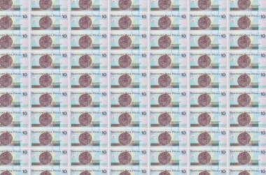 10 Polonyalı zloti banknotu para üretim konveyöründe basıldı. Bir sürü banknotun kolajı. Para birimi enflasyonu ve devalüasyon kavramı