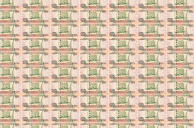 1000 Guyanese dolarlık banknotlar para üretim konveyöründe basıldı. Bir sürü banknotun kolajı. Para birimi enflasyonu ve devalüasyon kavramı