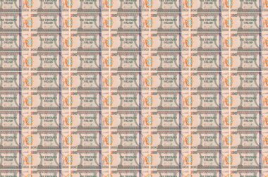 1000 Guyanese dolarlık banknotlar para üretim konveyöründe basıldı. Bir sürü banknotun kolajı. Para birimi enflasyonu ve devalüasyon kavramı