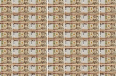 2000 Macar forint banknotları para üretim konveyöründe basıldı. Bir sürü banknotun kolajı. Para birimi enflasyonu ve devalüasyon kavramı