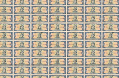 Para üretim konveyöründe basılmış 5 Ukrayna hrivniası banknotu. Bir sürü banknotun kolajı. Para birimi enflasyonu ve devalüasyon kavramı