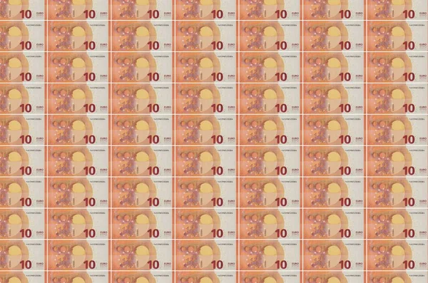 10ユーロ紙幣生産コンベアに印刷されます 多くの請求書のコラージュ 通貨のインフレと切り下げの概念 — ストック写真