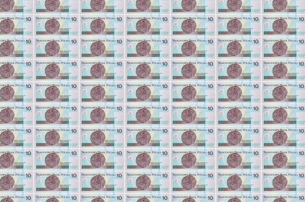 10ポーランドのズロチ紙幣は 貨幣生産コンベアに印刷された 多くの請求書のコラージュ 通貨のインフレと切り下げの概念 — ストック写真
