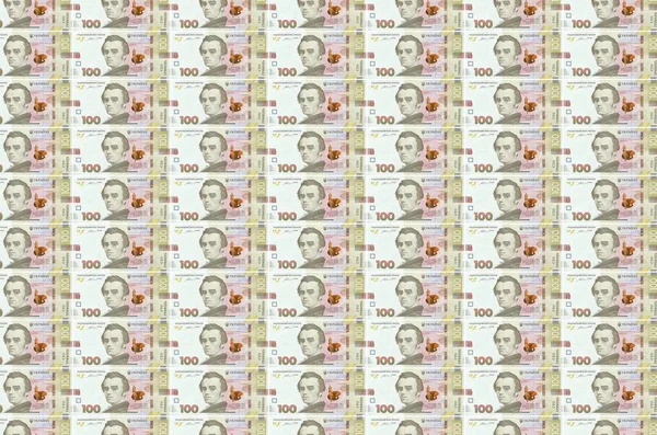 100 Ukrajinských Bankovek Hřivnu Vytištěných Peněžním Dopravníku Koláž Mnoha Bankovek — Stock fotografie