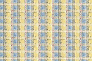 Para üretim taşıyıcısında basılmış 1 Ukrayna Hryvnia senedi. Bir sürü banknotun kolajı. Para birimi enflasyonu ve devalüasyon kavramı
