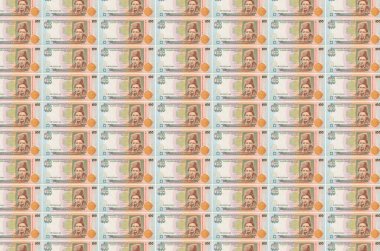 100 Ukrayna hrivniası para üretim taşıyıcısı olarak basıldı. Bir sürü banknotun kolajı. Para birimi enflasyonu ve devalüasyon kavramı