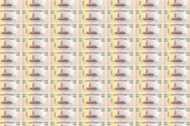 100 Ukrayna hrivniası para üretim taşıyıcısı olarak basıldı. Bir sürü banknotun kolajı. Para birimi enflasyonu ve devalüasyon kavramı