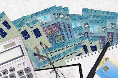20 euro, hesap makinesi, gözlük ve kalem. Vergi ödeme sezonu kavramı veya yatırım çözümleri. Mali planlama ya da muhasebeci evrakları