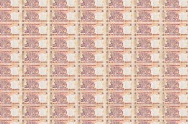 10 Hint rupi banknotları para üretim konveyöründe basıldı. Bir sürü banknotun kolajı. Para birimi enflasyonu ve devalüasyon kavramı