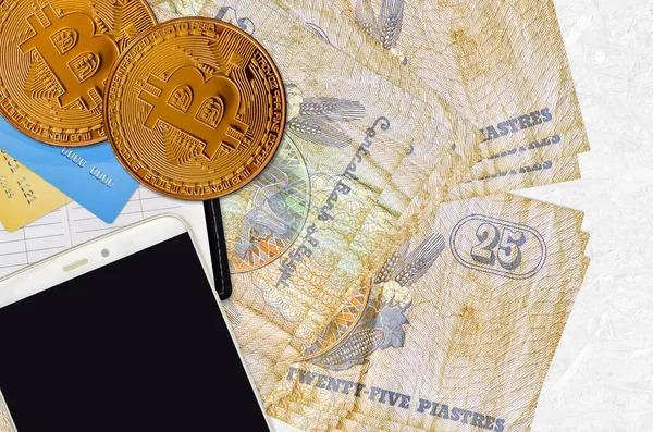 Egyiptomi Piastres Számlák Arany Bitcoinok Okostelefonnal Hitelkártyával Cryptocurrency Befektetési Koncepció — Stock Fotó