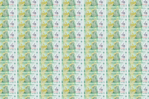1印在货币生产传送机上的罗马尼亚列伊汇票 许多帐单的拼凑 货币通货膨胀和货币贬值的概念 — 图库照片