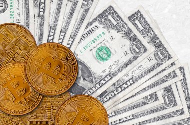 1 Amerikan doları ve altın bitcoin. Kripto para birimi yatırım konsepti. Kripto madenciliği veya ticari işlemler