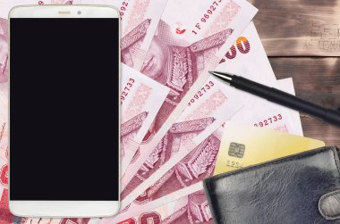 100 Tayland Baht faturası ve çantalı ve kredi kartlı akıllı telefon. E-ödemeler ya da e-ticaret konsepti. Taşınabilir aygıt kullanımı ile çevrimiçi alışveriş ve iş