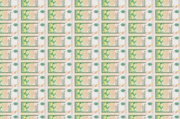 10 Sri Lanka rupisi para üretim konveyöründe basıldı. Bir sürü banknotun kolajı. Para birimi enflasyonu ve devalüasyon kavramı