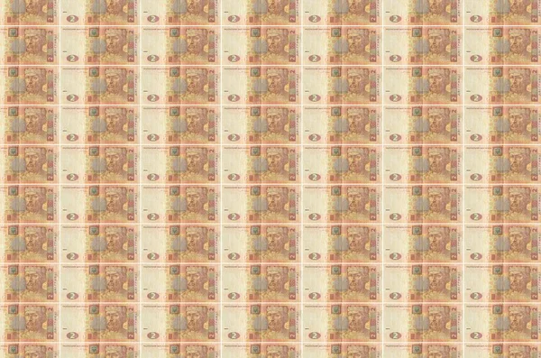 Para üretim konveyöründe basılmış 2 Ukrayna hrivniası banknotu. Bir sürü banknotun kolajı. Para birimi enflasyonu ve devalüasyon kavramı