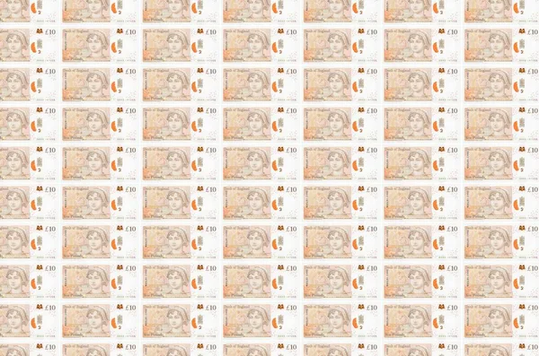 10英国ポンド紙幣生産コンベアに印刷されます 多くの請求書のコラージュ 通貨のインフレと切り下げの概念 — ストック写真
