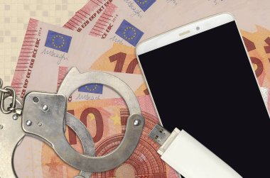 10 Avro ve polis kelepçeli akıllı telefon. Hackerların saldırılar düzenleme, yasadışı dolandırıcılık veya çevrimiçi casus yazılım yumuşak dağıtımı kavramı
