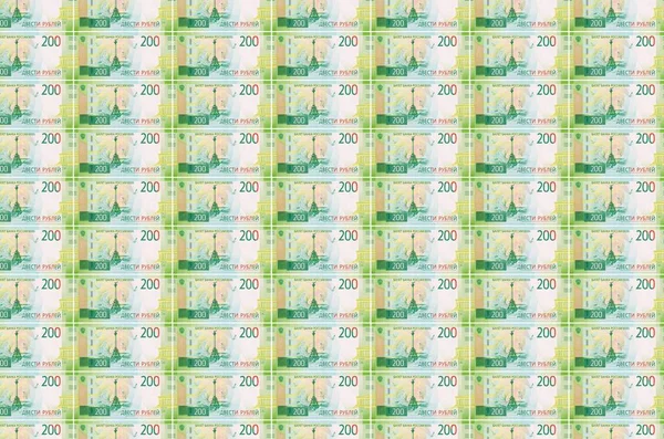 200 Ruských Rublů Bankovek Vytištěných Peněžním Dopravníku Koláž Mnoha Bankovek — Stock fotografie