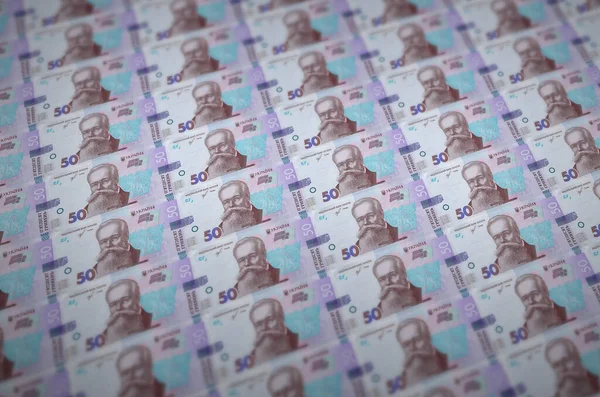 Ukraińskich Banknotów Hrywien Wydrukowanych Nielegalnym Przenośniku Produkcji Pieniędzy Kolaż Wielu — Zdjęcie stockowe