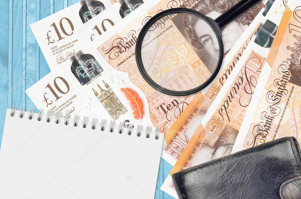 10 British pounds bills and magnifying glass with black purse and notepad. Concept of counterfeit money. Search for differences in details on money bills to detect fake money