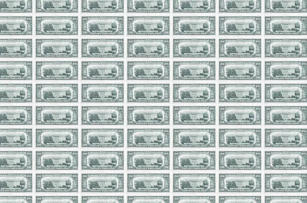 お金の生産コンベアに印刷された20ドル札 多くの請求書のコラージュ 通貨のインフレと切り下げの概念 — ストック写真