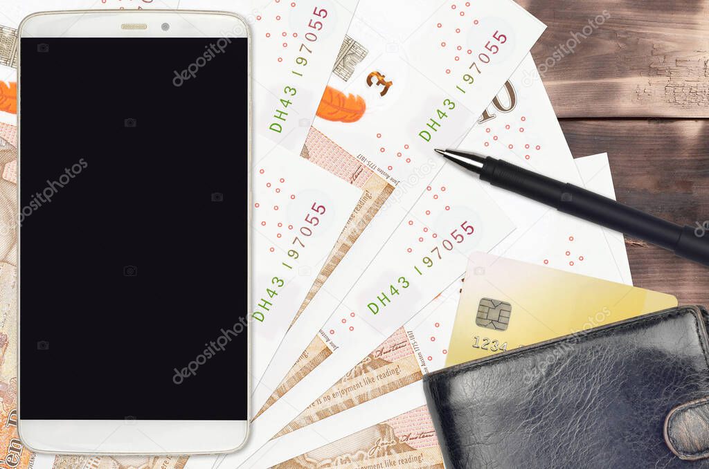 10 British pounds bills and smartphone with purse and credit card. E-payments or e-commerce concept. Online shopping and business with portable devices usage