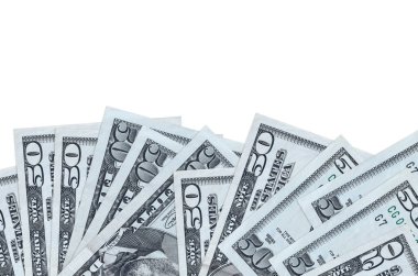 Ekranın alt tarafında 50 dolar banknot var. Beyaz arka planda izole edilmiş ve fotokopi alanı var. Paralı iş kavramları için arkaplan afişi şablonu