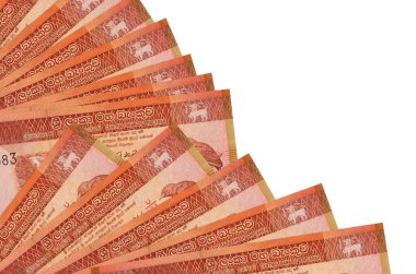 100 Sri Lanka Rupisi banknotları beyaz arka planda izole edilmiş, fotokopi alanı da pervaneye yakın duruyor. Maaş zamanı kavramı veya finansal işlemler