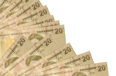 20 Türk lirası beyaz zemin üzerinde izole edilmiş, fotokopi alanı da yakında duruyor. Maaş zamanı kavramı veya finansal işlemler