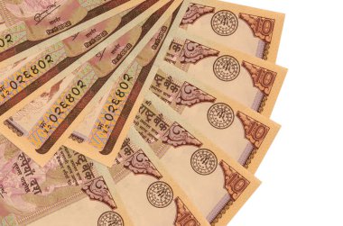 10 Nepal Rupisi banknotları beyaz arka planda izole edilmiş, fotokopi alanı da yakın planda. Finansal işlemler kavramı