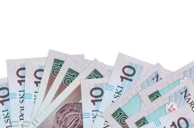 Ekranın alt tarafında 10 Polonyalı zloti banknotu var. Beyaz arka planda izole edilmiş ve fotokopi alanı var. Paralı iş kavramları için arkaplan afişi şablonu