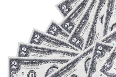 2 dolarlık banknotlar beyazın üzerinde ayrı bir sırayla yatıyor. Yerel bankacılık ya da para kazanma konsepti. İş arkaplanı afişi