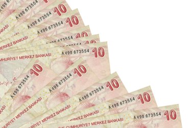 10 Türk lirası beyaz zemin üzerinde izole edilmiş, fotokopi alanı da pervaneye yakın duruyor. Maaş zamanı kavramı veya finansal işlemler