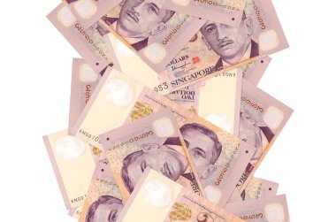 2 Singapur doları beyazın üzerinde izole bir şekilde uçuyor. Birçok banknot sol ve sağ tarafta beyaz kopya alanı ile düşüyor