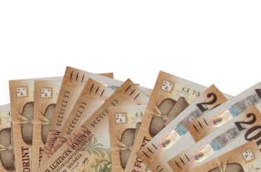 2000 Macar forint banknotları ekranın alt tarafında, beyaz arka planda, kopyalama alanı ile izole edilmiş olarak bulunur. Paralı iş kavramları için arkaplan afişi şablonu