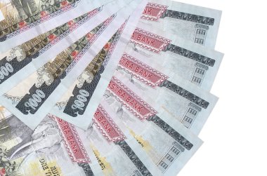 1000 Nepal rupi banknotları beyaz arka planda izole bir şekilde duruyor ve fotokopi alanı da fan şeklinde dizilmiş. Finansal işlemler kavramı