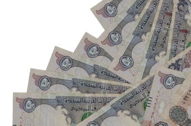 50 tane BAE Dirhams banknotu beyaza izole edilmiş olarak farklı bir sırayla yatar. Yerel bankacılık ya da para kazanma konsepti. İş arkaplanı afişi