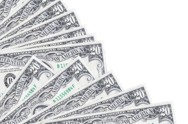 20 dolarlık banknotlar beyaz arka planda izole edilmiş, fotokopi alanı da yakın planda tutuluyor. Maaş zamanı kavramı veya finansal işlemler