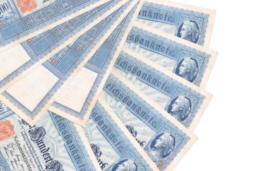 100 Reich banknotları beyaz zemin üzerinde izole bir şekilde duruyor ve fotokopi alanı da fan şeklinde üst üste yığılmış. Finansal işlemler kavramı