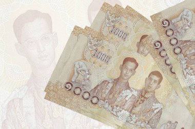 1000 Tayland baht faturası büyük yarı şeffaf banknotun arka planında duruyor. Ulusal para biriminin soyut sunumu. İş konsepti