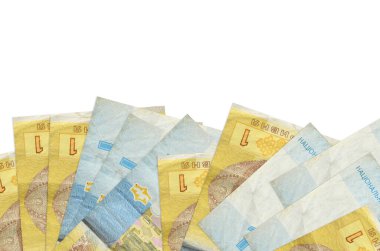 1 Ukrayna 'lı Hryvnia banknotları ekranın alt tarafında, beyaz arka planda, kopyalama alanı ile izole bir şekilde yatmaktadır. Paralı iş kavramları için arkaplan afişi şablonu