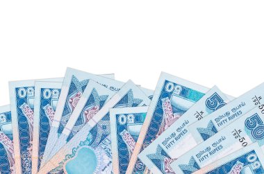 Ekranın alt tarafında 50 Sri Lanka rupi banknotları var. Beyaz arka planda izole edilmiş ve fotokopi alanı var. Paralı iş kavramları için arkaplan afişi şablonu