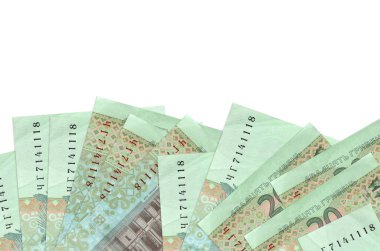 Ekranın alt tarafında 20 Ukrayna hrivniası banknotu var. Beyaz arka planda, kopyalama alanı ile izole edilmiş. Paralı iş kavramları için arkaplan afişi şablonu