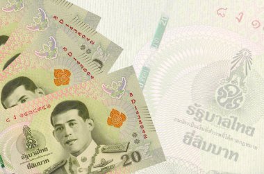 20 Tayland Baht faturası büyük yarı şeffaf banknotun arka planında duruyor. Kopyalama alanı olan soyut iş arkaplanı