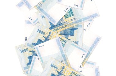 Beyaz üzerine izole edilmiş 1000 Macar forint banknotu. Birçok banknot sol ve sağ tarafta beyaz kopya alanı ile düşüyor